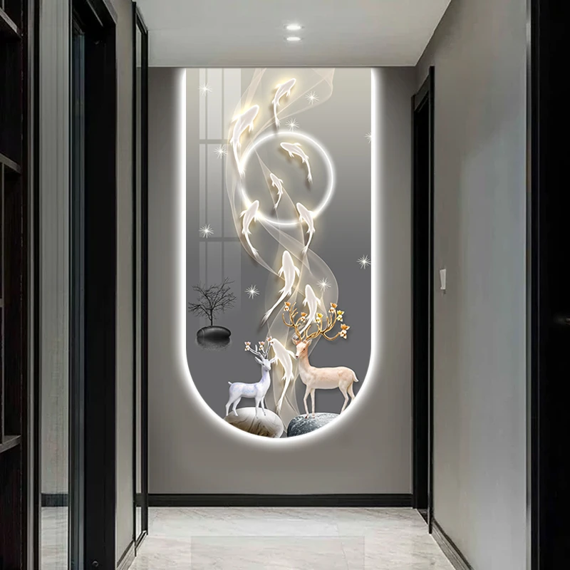 九鱼福鹿现代氛围灯玄关装饰画入户走廊过道挂画轻奢LED灯墙壁画