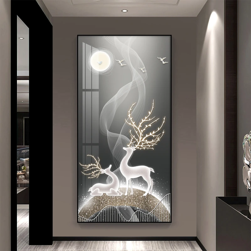 福禄现代简约玄关挂画轻奢大气入户走廊装饰画麋鹿客厅过道墙壁画