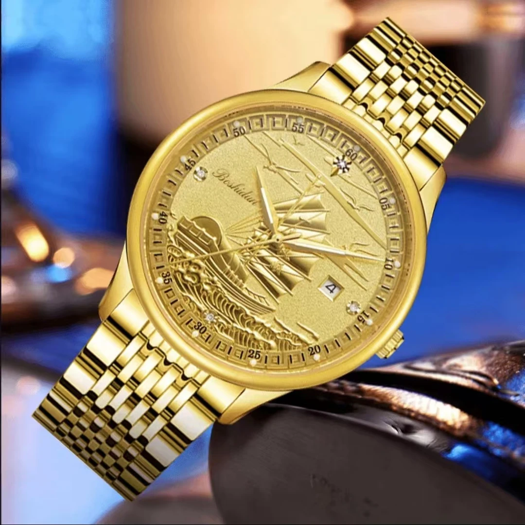 【云仓直发】新款商务全金一帆风顺双日历夜光防水男士手表