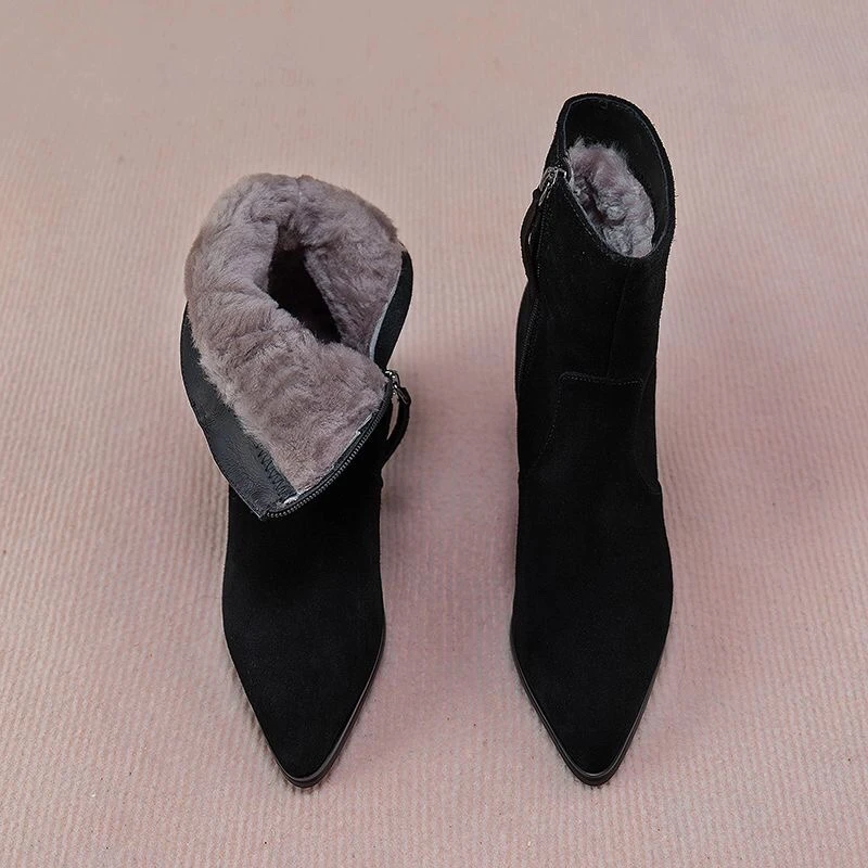 皮毛一体软皮女鞋2025冬季加厚尖头棉靴粗跟保暖短靴加绒棉鞋高跟