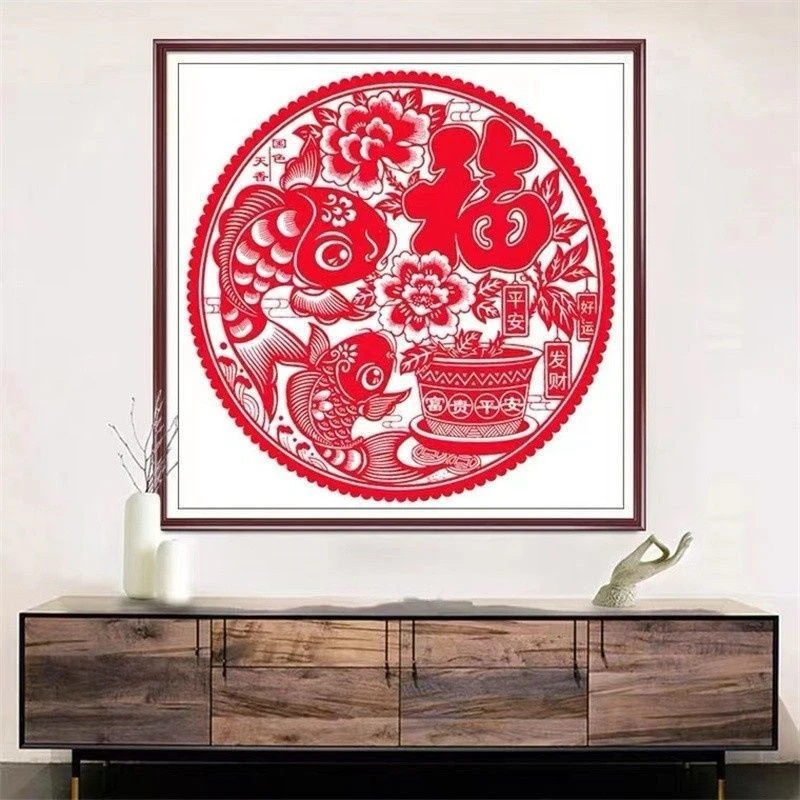 纯手工绣好的十字绣成品剪纸鱼福2024年新款客厅卧室装饰国风挂画