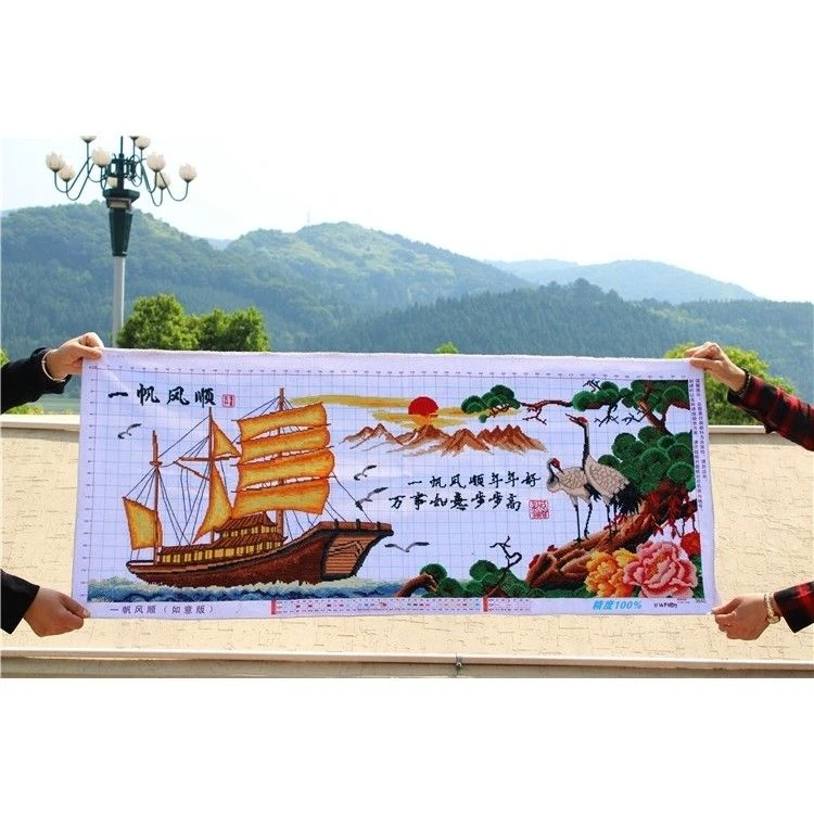 纯手工十字绣成品一帆风顺如意版迎客松仙鹤装饰画人工绣好的出售