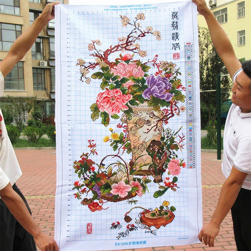 纯手工十字绣成品岁朝清供图新款牡丹花典雅大气经典国画竖版玄关