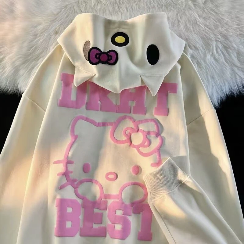 女童外套春秋款2023新款可爱kitty猫刺绣卫衣加绒开衫连帽外套潮
