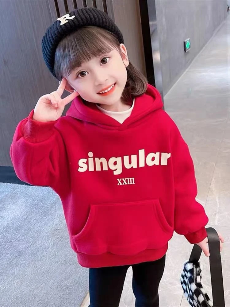 2022新款女童秋冬卫衣儿童炸街加绒红色连帽上衣洋气宝宝加厚外套