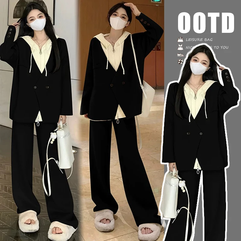 2025秋冬新款显瘦洋气孕妇装假两件针织外套搭休闲阔腿裤托腹套装