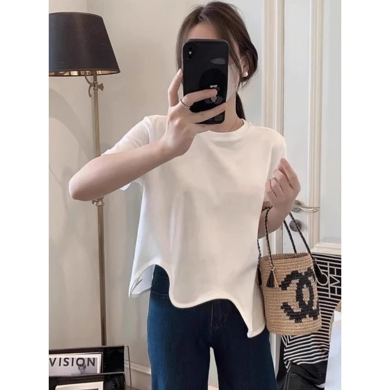 设计感小众不规则宽松显瘦遮肉纯棉上衣女士春夏款短袖宽松T恤衫