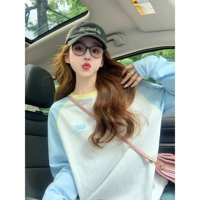 字母印花插肩长袖t恤女早秋慵懒风宽松减龄韩系打底衫设计感上衣