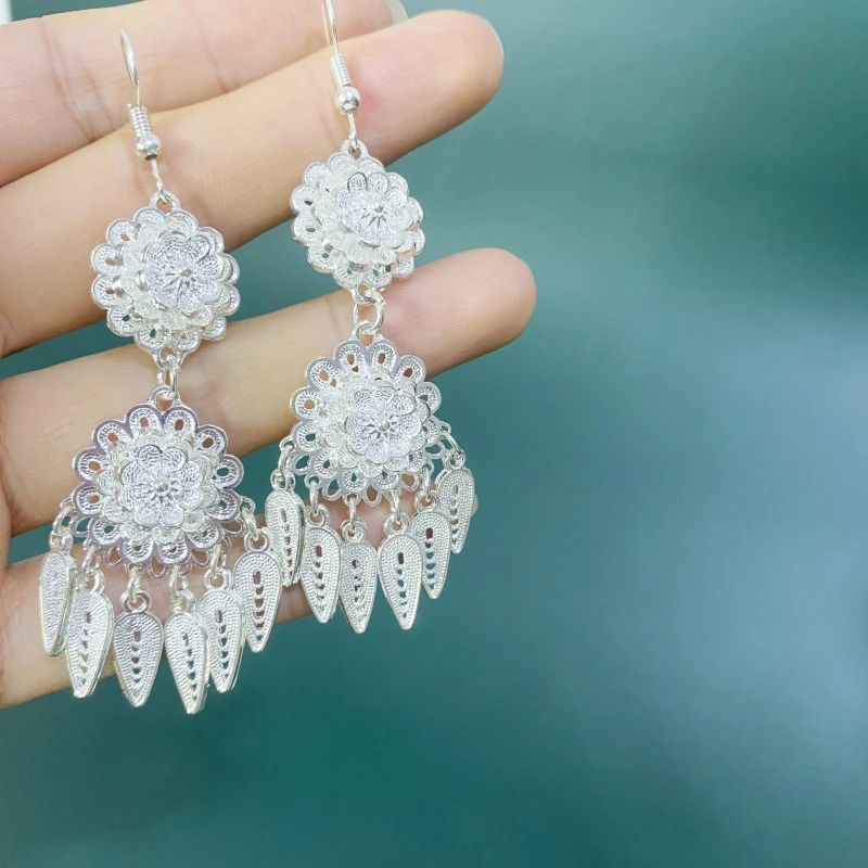 合金耳饰 新中式民族风镀银耳环苗族彝族耳饰双层梅花耳坠