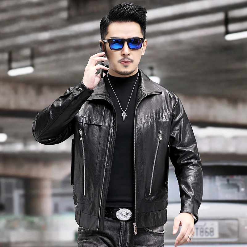 纪诗哲新款翻领短款皮衣夹克牛皮冬季新款真皮羽绒服休闲上衣外套