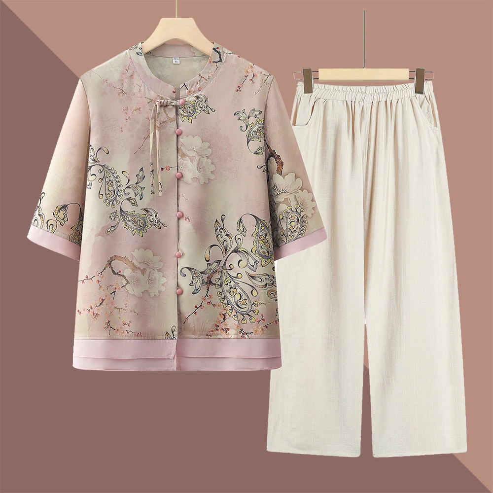 夏季薄款高贵衬衫唐装老太太婆婆上衣洋气套装洋气奶奶上衣两件套