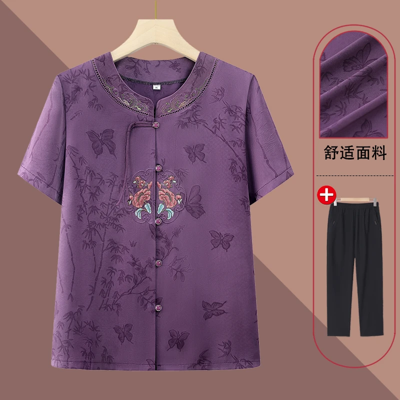 夏季薄款短袖绣花上衣唐装老太太刺绣衬衫T恤复古休闲洋气印花女