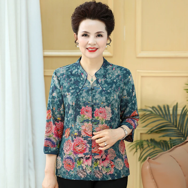 中老年人女夏装中长袖薄衬衣妈妈时尚老太太衣服喜婆婆奶奶春秋装