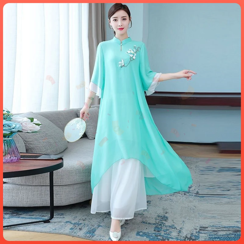 中国风禅意茶服长裙衬衫复古套装新款上衣汉服高端春夏年轻文艺MM