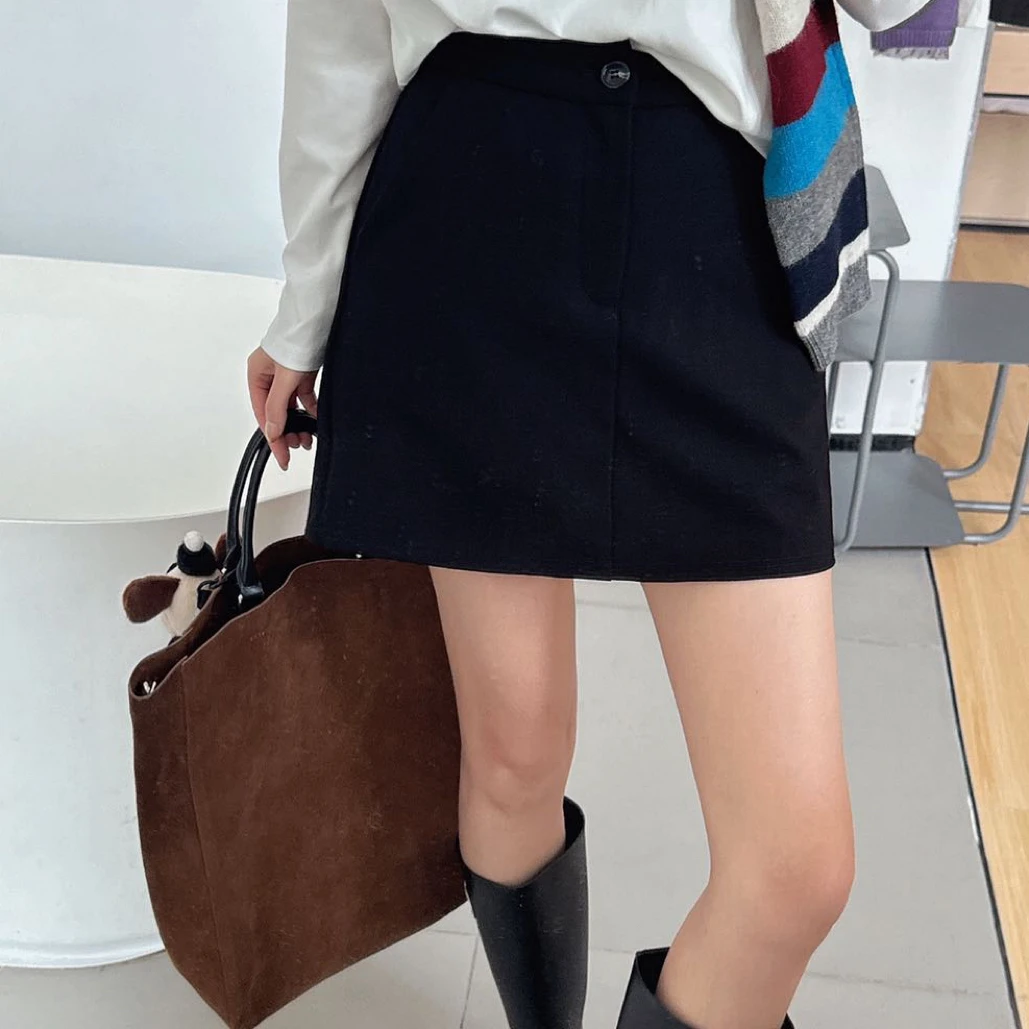 Meiky饼 韩版简约 百搭后橡筋弹力显瘦A字半裙