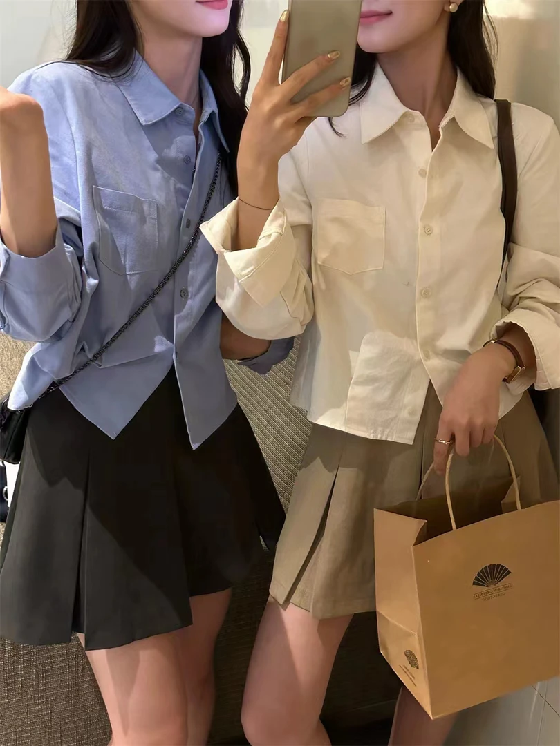 Meiky饼 简约韩系 设计感收腰短款显瘦洋气衬衫 3色