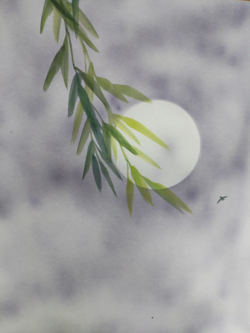 《竹影映月》，原创国画手绘