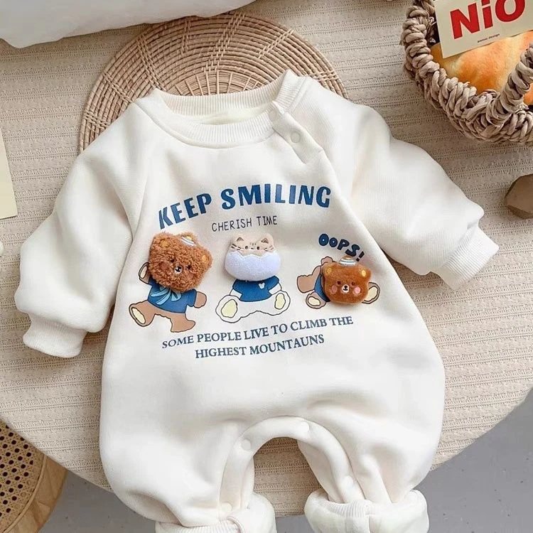 巴拉拉韩版婴儿衣服深秋初冬爬爬服卡通小熊加绒保暖连体衣宝宝加