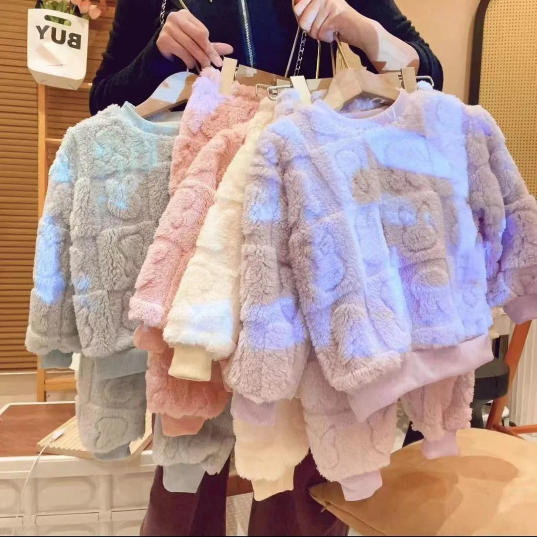 巴拉拉【加厚加绒】儿童保暖纯色睡衣法兰绒加绒家居服秋冬