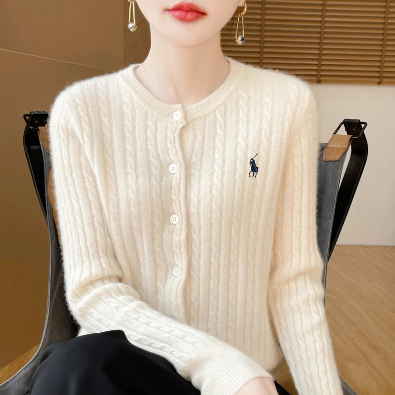 100全羊毛时尚百搭圆领刺绣纽扣设计感羊毛宽松显瘦开衫韩版柔软