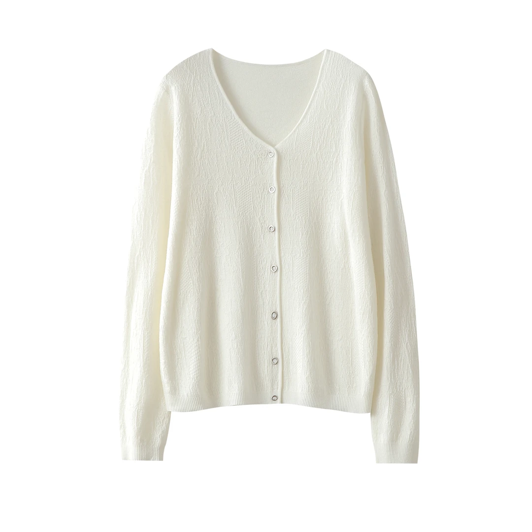 精仿羊毛+桑蚕丝 ~浮雕镂空薄款秋季开衫女V领