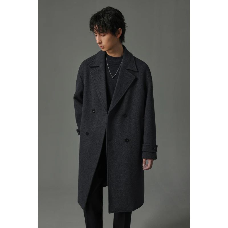 【YM】秋冬韩版双排扣中长款外套男士休闲宽松加厚绵羊毛大衣672