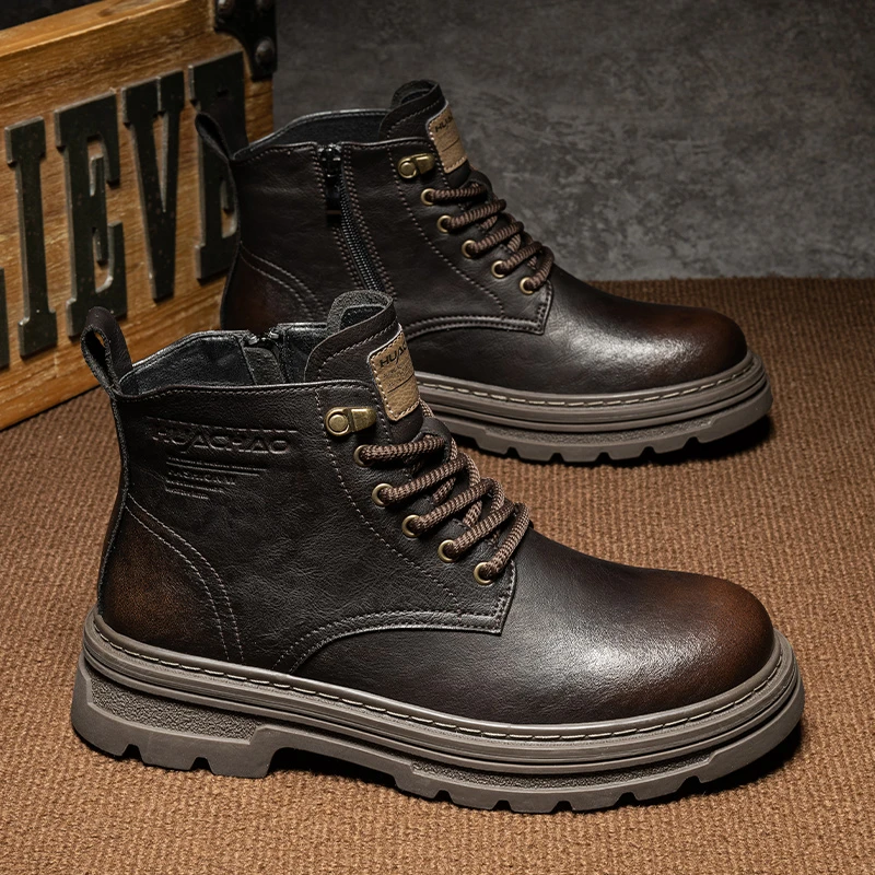 原创【黑耀】新款冬季高帮保暖加绒休闲马丁靴男士百搭英伦风工装靴