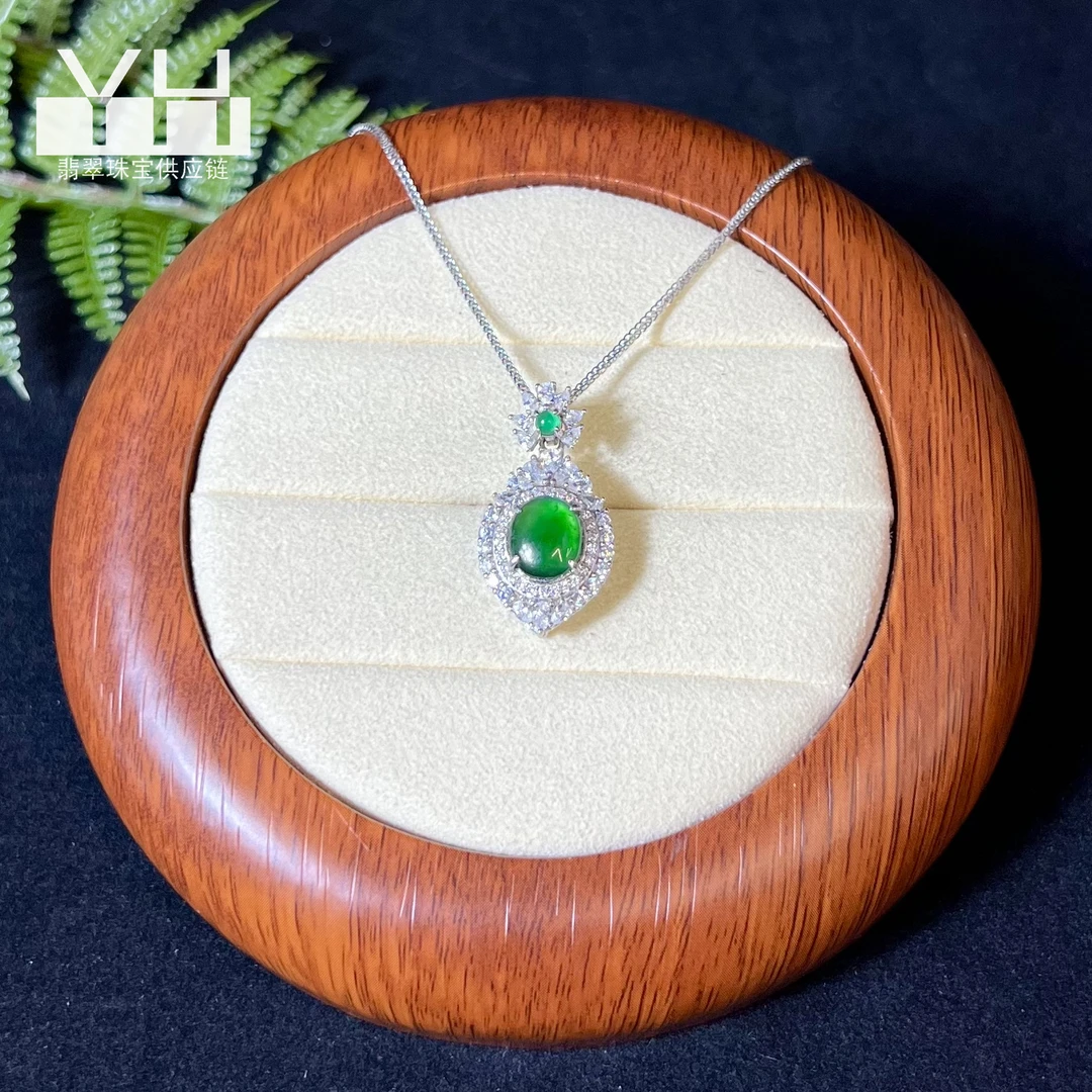 QX130020/亦荷珠宝/天然翡翠蛋面吊坠S925银镶嵌