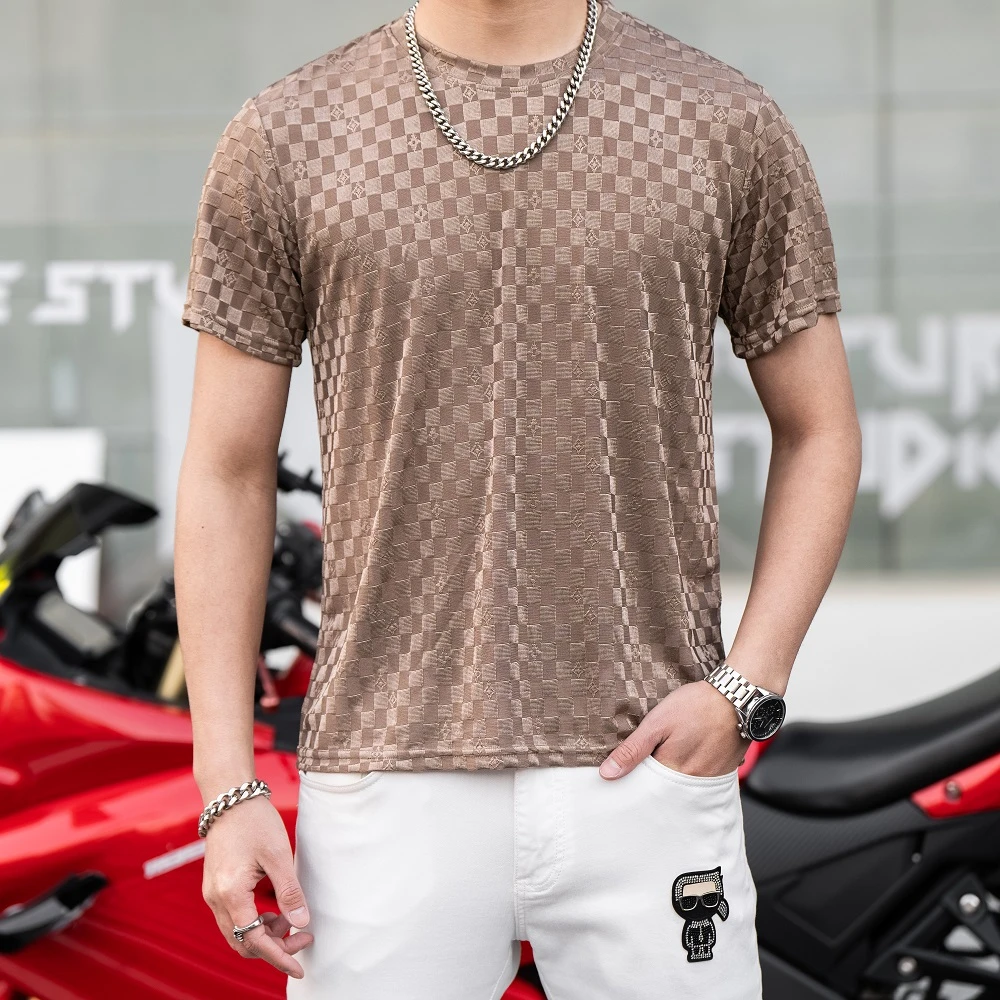 夏季冰丝圆领短袖T恤提花男士上衣宽松休闲薄款T恤衫