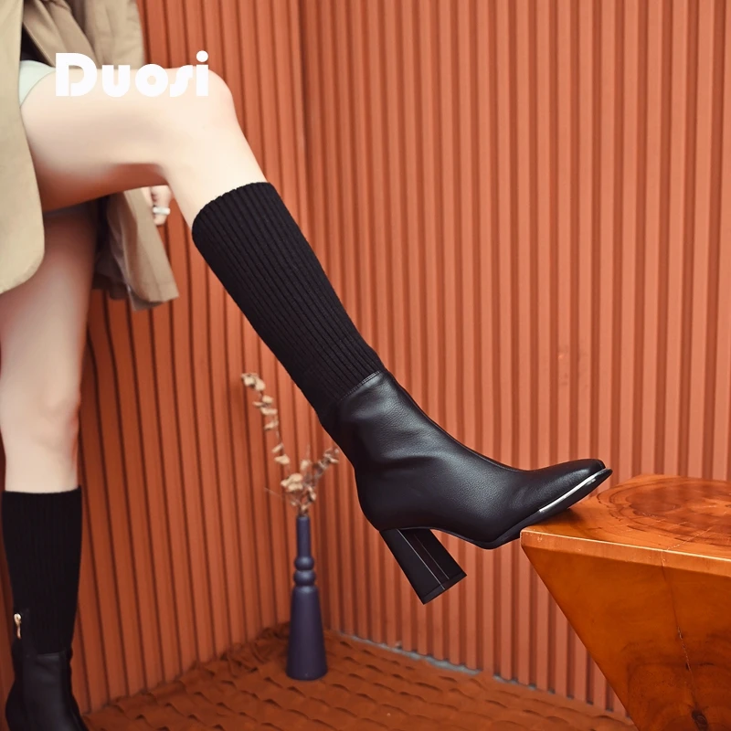 【DUOSI】7.5cm粗跟袜靴女方头不过膝长靴高跟弹力靴S506-E