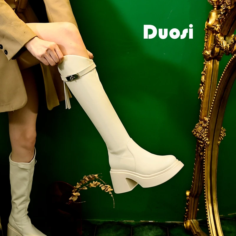 【DUOSI-1】7cm棕色长筒靴女不过膝粗跟方头骑士靴706-3