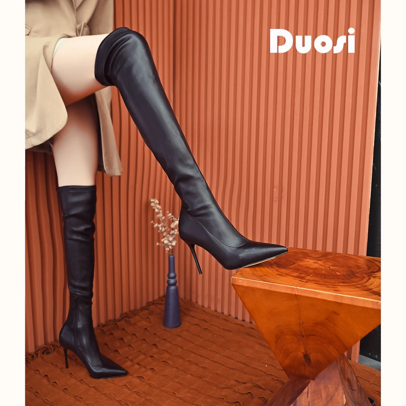 【DUOSI】8cm过膝长靴女秋冬骑士靴尖头高跟瘦瘦靴XY5205H
