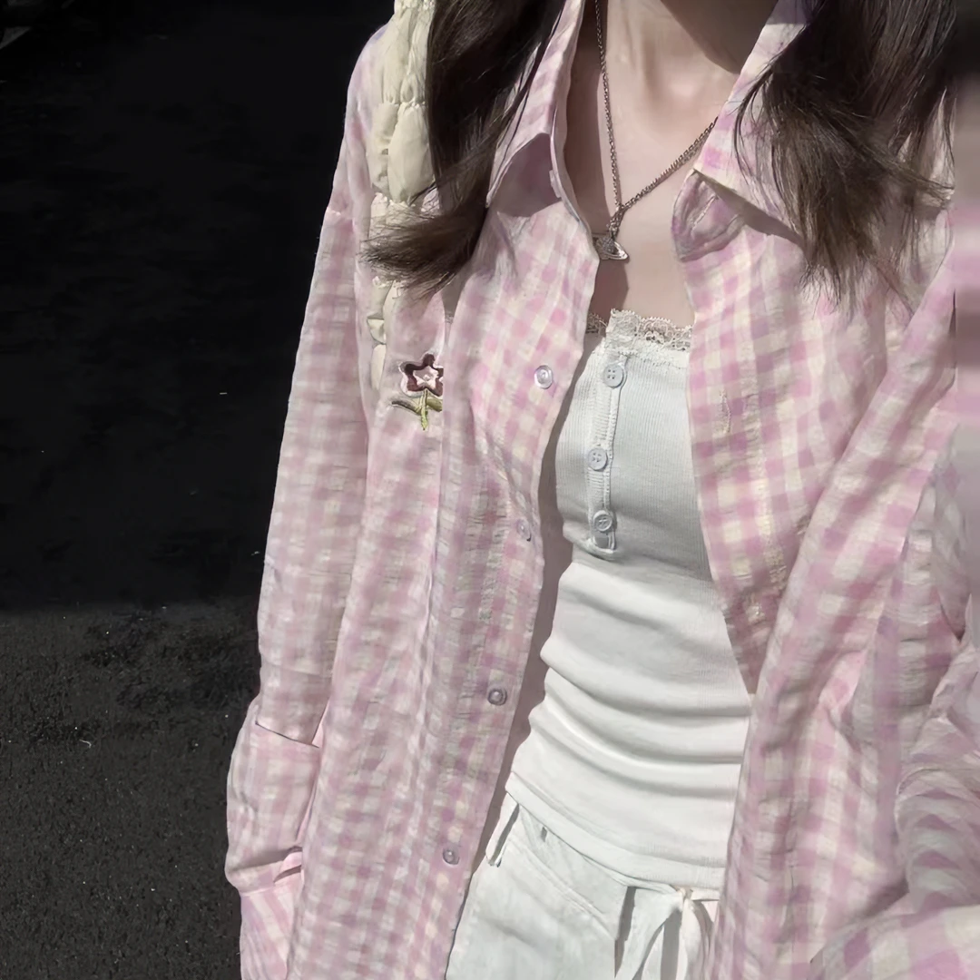 甜粉小乖韩系秋冬粉色格纹衬衫女休闲宽松百搭长袖上衣棋盘格外套