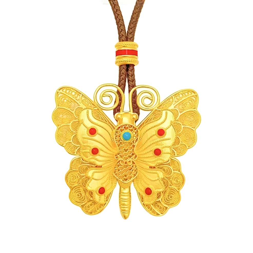 合金布艺项链 新中式气质百搭花丝大蝴蝶项链