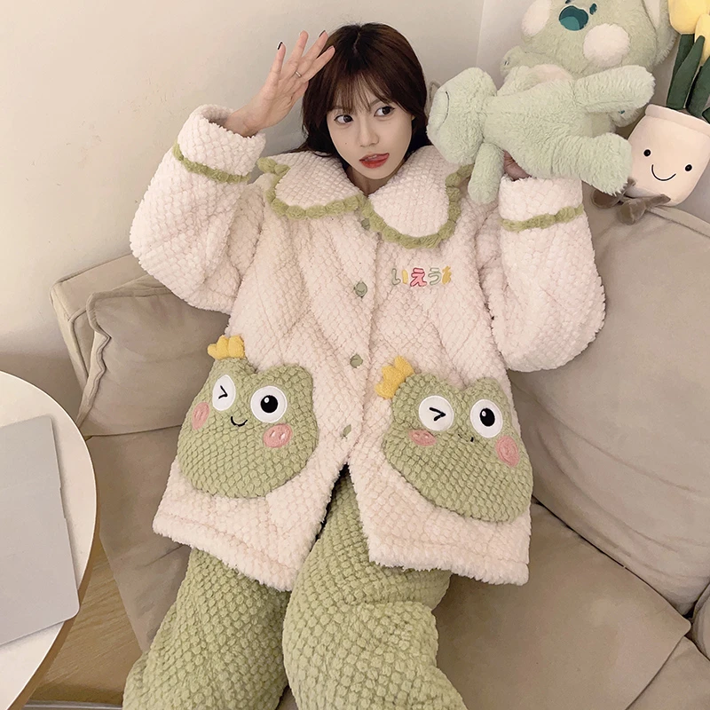 夹棉睡衣女珊瑚绒冬季新款加绒加厚三层棉袄保暖学生大码家居服秋