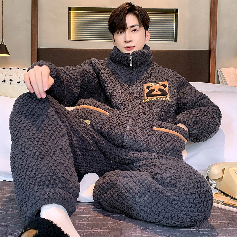 睡衣男珊瑚绒冬季三层夹棉加绒加厚保暖新款拉链简约家居服可外穿
