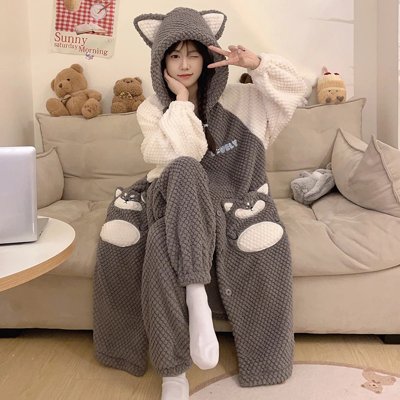 珊瑚绒睡袍秋冬中长睡衣女法兰绒加绒加厚连帽家居服卡通毛绒可爱