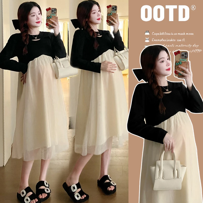 孕妇2024过年早春新款网纱拼接假两件长袖时尚百搭孕妇装连衣裙女