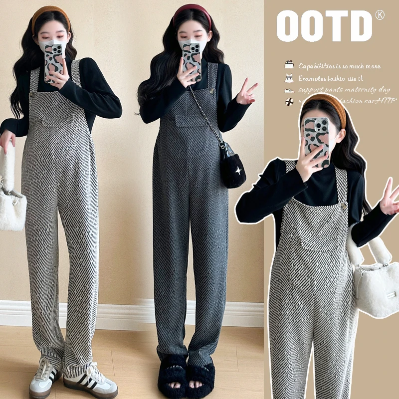 2024冬季新款孕妈版型针织打底衫+加绒背带裤套装休闲宽松秋冬