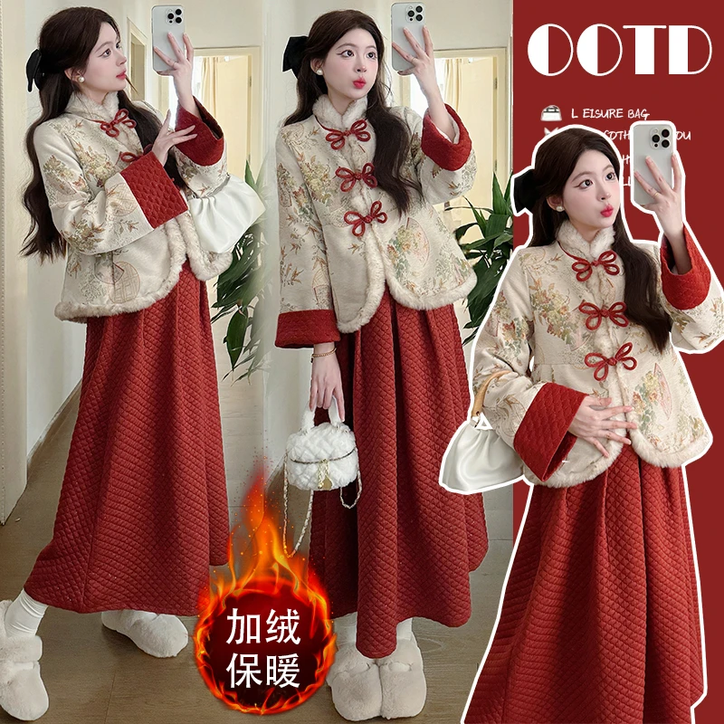 2025孕妇新款国风改良加绒国风孕妇蓬蓬裙套装网红复古中式