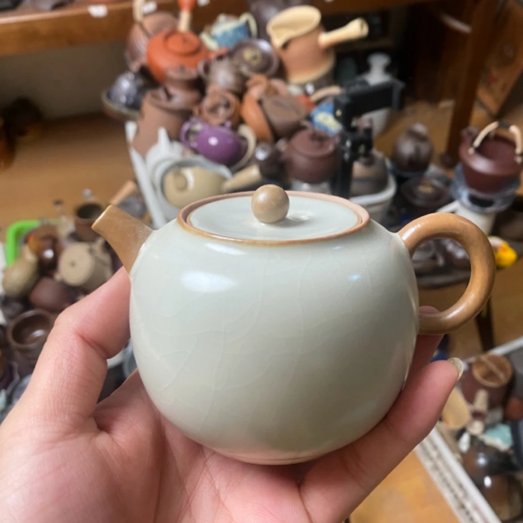 香灰胎黄汝窑大苹果壶210毫升功夫泡茶壶可养金线
