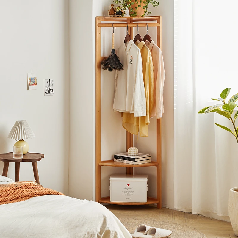 实木转角衣帽架卧室落地衣架家用房间挂衣服架客厅置物架不占空间