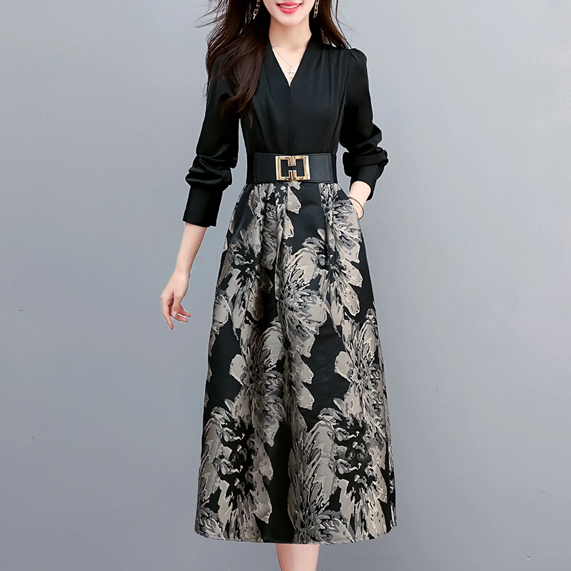 shanggao/尚高气质时尚连衣裙轻奢提花复古高端高级裙子女春长裙