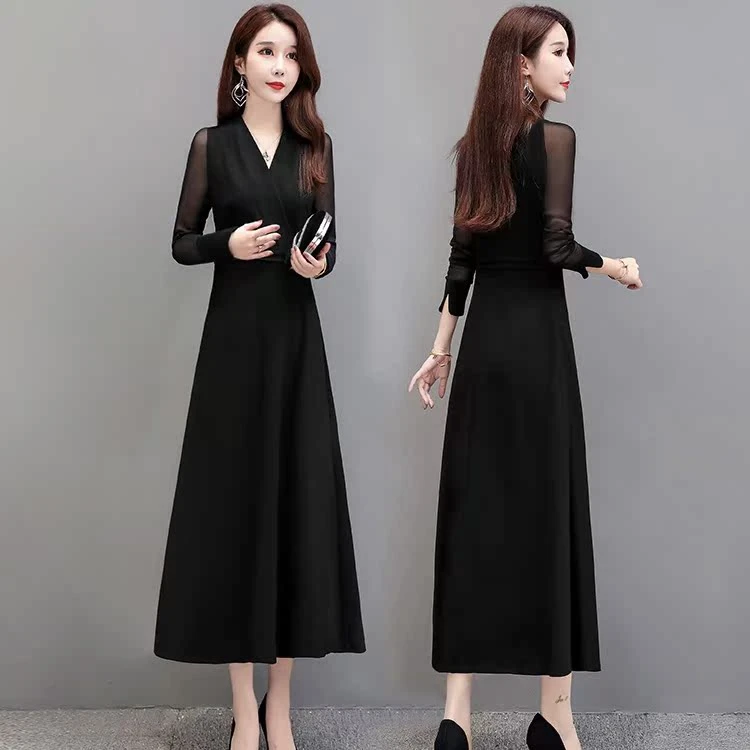 v领黑色连衣裙修身显瘦气质秋装2024新款裙子女春秋内搭打底长裙