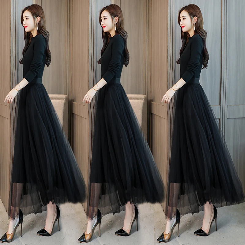 shanggao/尚高黑色针织连衣裙女秋冬网纱气质修身显瘦高级感长裙