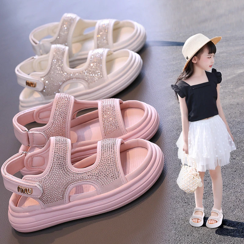 女童凉鞋亮钻童鞋2024新款夏季儿童公主鞋小女孩软底沙滩运动凉鞋