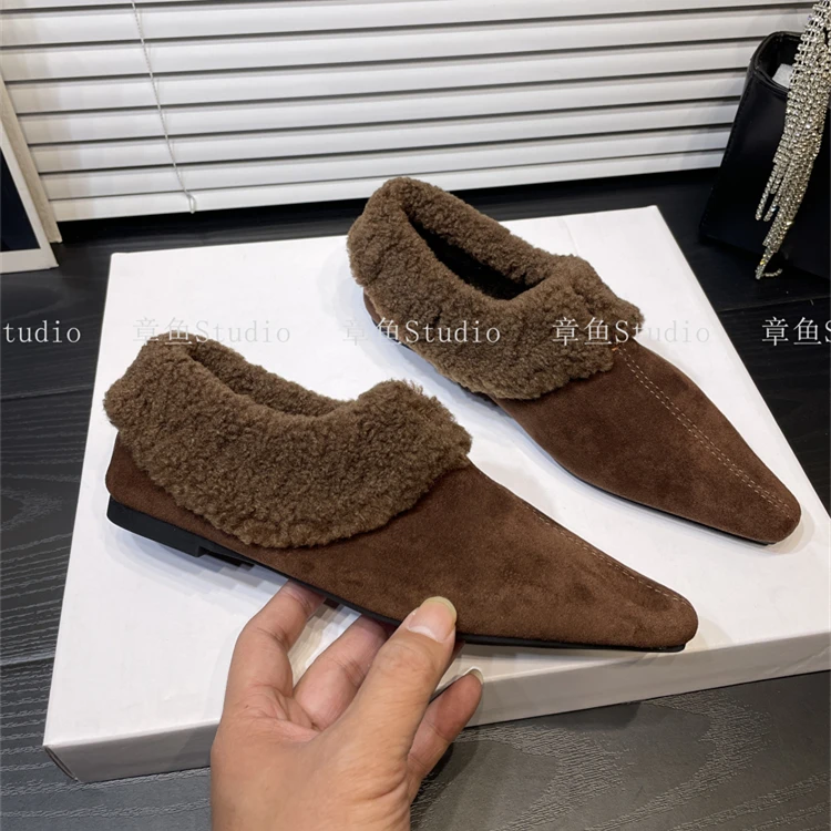 毛毛鞋2023秋冬新款低跟百搭尖头加绒保暖深口单鞋羊羔毛棉瓢鞋