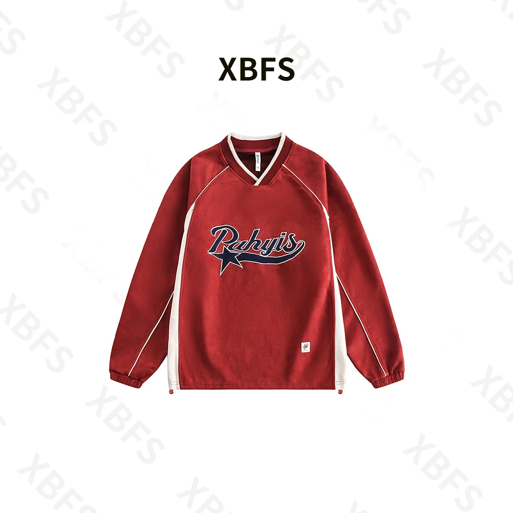 （反季）春秋复古美式仿麂皮绒字母刺绣套头卫衣男女款撞色球服长袖