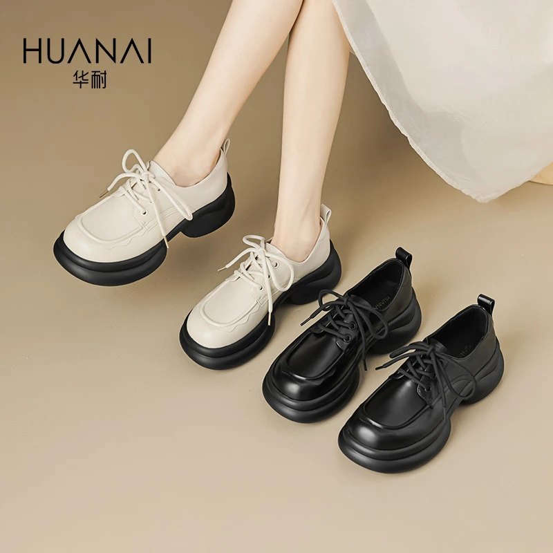 HUANAI/华耐2023秋新款皮鞋单鞋复古厚底英伦风圆头英伦系带女鞋