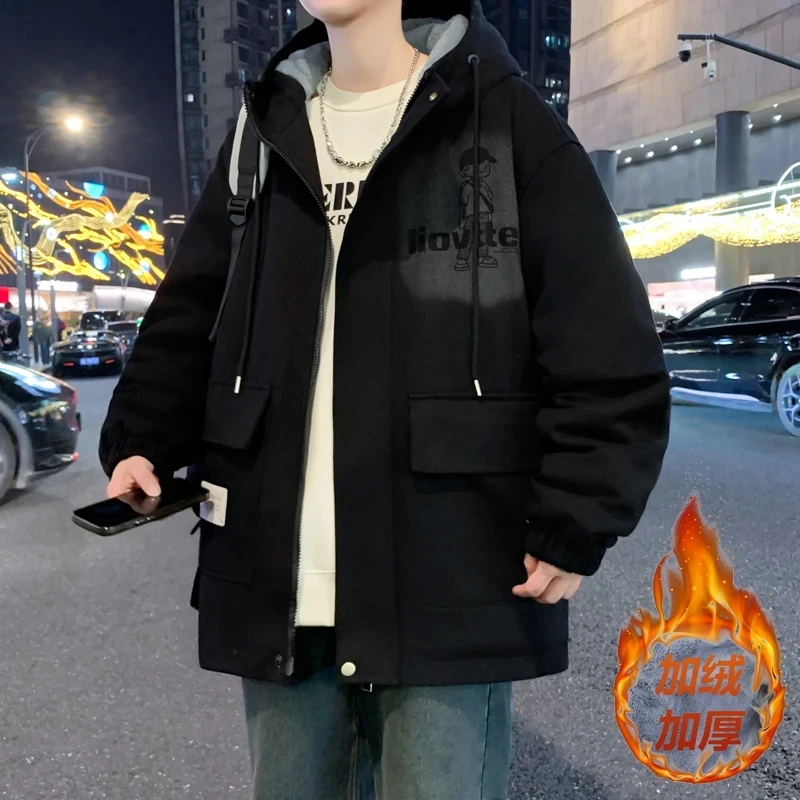 青少年学生新款冬款加绒加厚夹克时尚连帽韩版潮流帅气保暖外套男